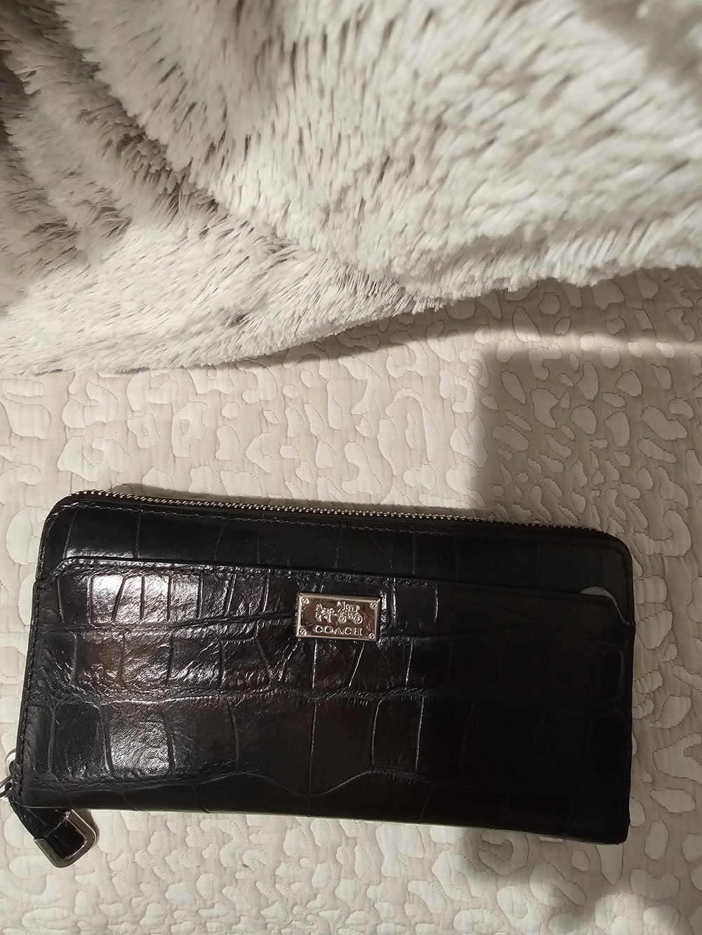 Coach Black Croc-Embossed Zip Wallet